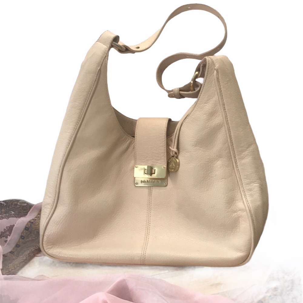 Brahmin Turn Lock Hobo Bag, Ivory Grained Leather